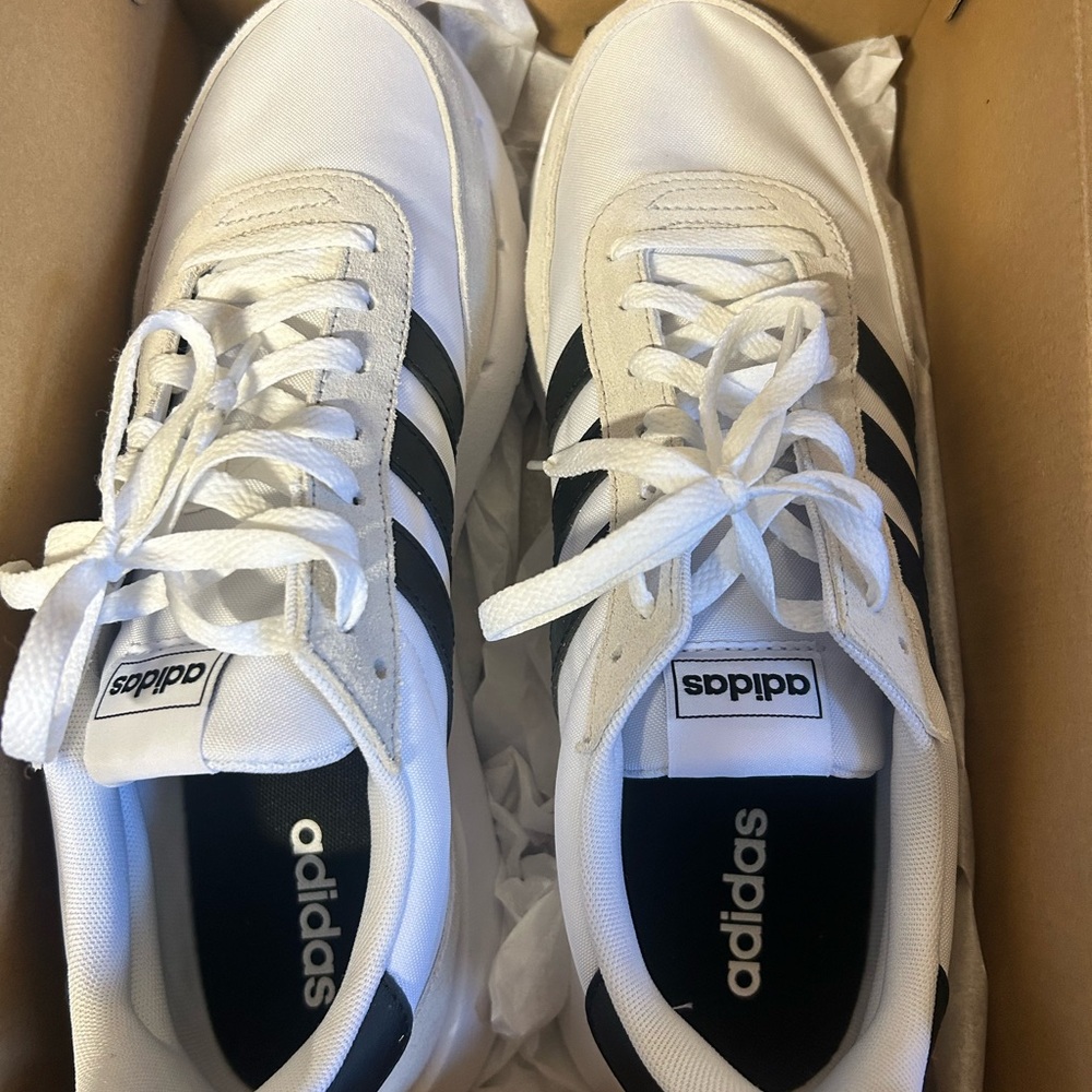 adidas White and Black Suede Sneakers. Men size 10.5. Run 60s 2.0.  Worn once. - Picture 2 of 6